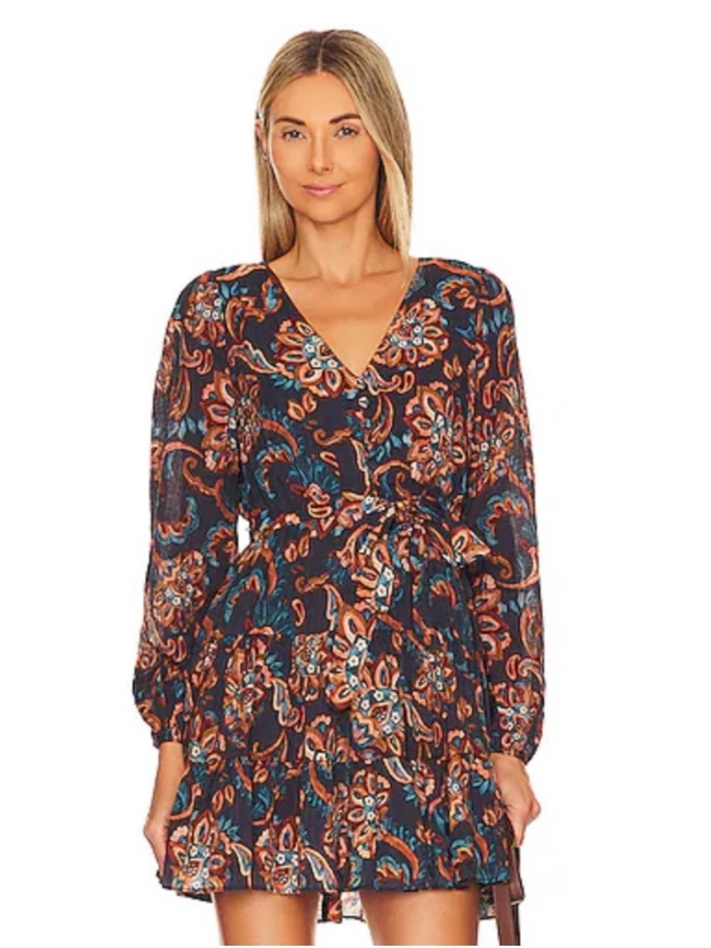 MINKPINK REVOLVE Navy Floral Paisley V‑Neck Long Sleeve Mini Dress